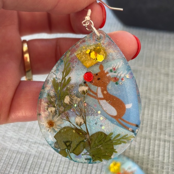 Festive Handmade Pressed Flower Large Holiday Earrings Blue Rudolph Teardrop - Picture 6 of 10